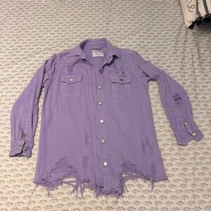 American Bazi Shacket Jacket Womens M Lavender Distressed Frayed Snap